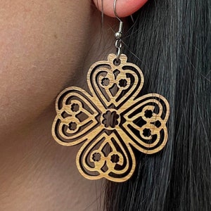 Four-Leaf Clover Wooden Dangle Drop Earrings (Your choice of Maple, Cherry or Walnut)