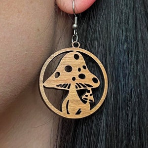 Wood Earrings - Dangle Drop - Round - Mushroom (choice of Maple, Cherry or Walnut)