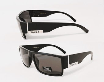 LOCS Sunglasses Hardcore Shades Black Plastic Frames Dark Polycarbonate Rectangle Lenses Retro Style Gangster Style Sport For Men.