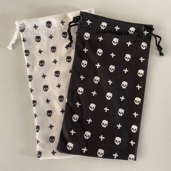 2 Soft Microfiber Pouch Case Bag Holder For Sunglasses and Eyeglasses In Skull & Cross Prints Drawstring Pull Closure For Men and Women