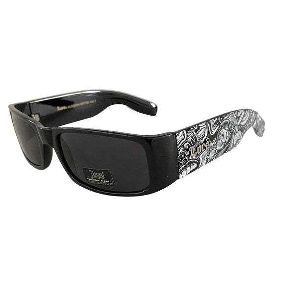 LOCS Sunglasses Graffiti Skull Printed Legs Wrap Around Black Plastic Frame Oval Dark Lenses Gangster Style Hardcore Shades Sport For Men.