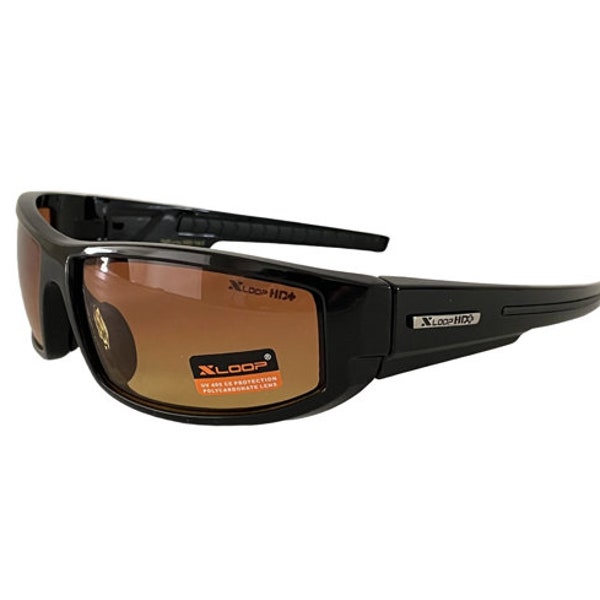 X Loop Sunglasses HD High Definition Amber Color Rectangle Lenses Wrap Around Black Plastic Frame Night Driving Sport Driving Running Men.
