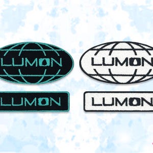 May include: Four embroidered patches with the word "LUMON". Two patches are oval-shaped with a globe design, and two are rectangular. One set is black with teal accents, the other is white with black.