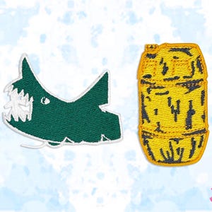 Jaws Shark Drawing and Yellow Barrel Iron-On Embroidery Patch