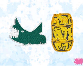 Jaws Shark Drawing and Yellow Barrel Iron-On Embroidery Patch