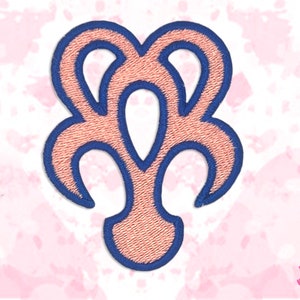 May include: Embroidered patch with an abstract design in peach and navy blue. The patch has a textured look, with the design outlined in navy blue thread. The shape is symmetrical and decorative, suitable for clothing or accessories.