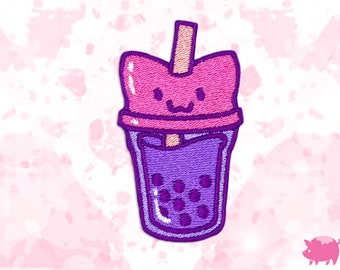 Bubble Tea Cat opstrijkbare borduurpatch