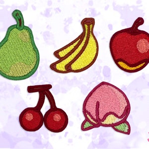 May include: A collection of embroidered fruit patches. The set includes a green pear, yellow bananas, a red apple, red cherries, and a pink peach. Each patch features a detailed stitched outline and a textured finish, suitable for various craft projects.