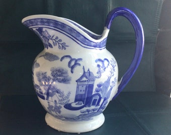 Chinoiserie Pitcher Vase 9.5”  Blue and White Vintage Decor  Grand Millennial Spring Tablescape