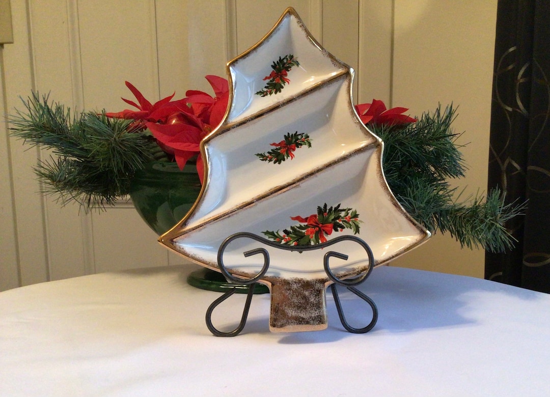 Ceramic Christmas Tree Candy Dish Plate With Gold Rim 1981 Etsy