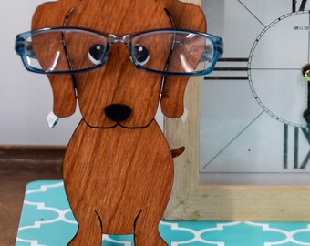 Stained Wood Dachshund Glasses Holder: Wiener Dog Desk Decor (Finished or DIY Kit