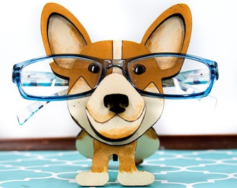 Corgi decorations, Wooden glasses holder, Corgi gifts, Desk decor for women, Nightstand decor, Glasses stand, Dog lover decor, Corgi lover