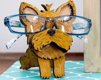 Custom Painted Yorkshire Terrier Glasses Stand | Yorkie shelf sitter or desk decor| Personalized Pet Gift for Dog Moms or Dads