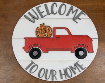 Rustic truck round interchangeable sign & seasonal door hanger / wall decorations  handmade home decor and custom wood sign gift for her