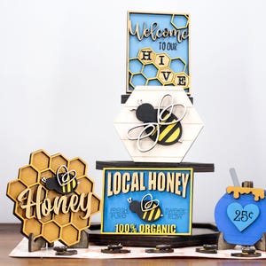 Bee Tiered Tray Set – Farmhouse Summer Decor – Honey Bee Tray Signs – Rustic Shelf Sitters – Optional DIY Kit – Kitchen Display