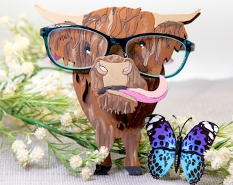 Highland cow decor, animal glasses stand, cow glasses holder, Farmhouse mini highland cow gifts, Highland wood cow figurine, gift for her