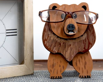 Custom Painted brown bear Glasses Holder - Personalized Grizzly Bear, polar bear or black bear Desk Decor for Kids & Dads