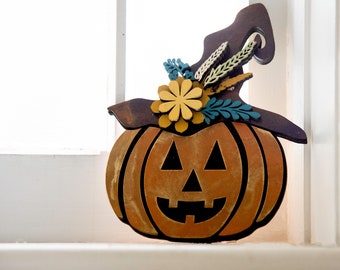 Cute Halloween jacket-o-lantern little pumpkin - spooky cute decor, Halloween accent pumpkin shelf sitter, jackolantern Halloween wood sign