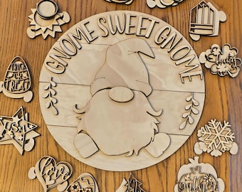 DIY Gnome Sweet Gnome Round Kit with 12 Seasonal Pieces | Paint Your Own Interchangeable Holiday Door Hanger Craft