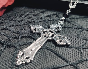 Gothic cross necklace with a black pearl, gothic jewelry