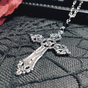 Gothic cross necklace with a black pearl, gothic jewelry