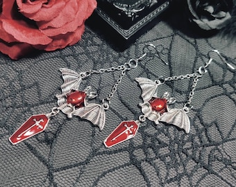 Gothic bat earrings with coffin, gothic jewelry