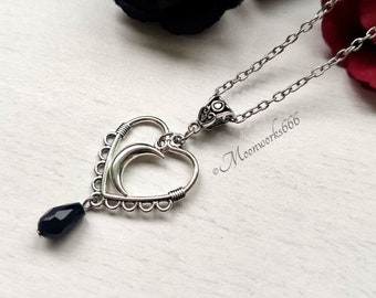 Moon heart stainless steel necklace with black beads pendant, gothic necklace, filigree necklace, mystic necklace