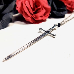 Gothic sword necklace with black bead, gothic jewelry