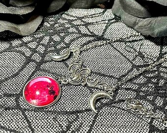 Gothic blood moon cabochon necklace with ornament and 2 crescent moons, gothic jewelry