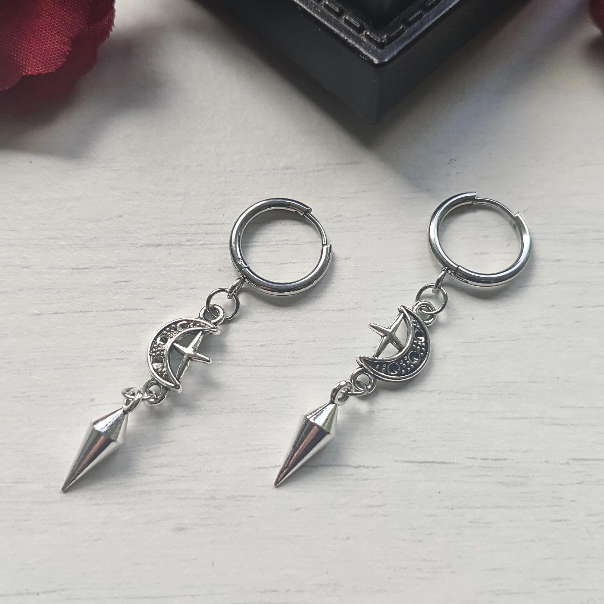 Spike earrings, moon/star hoops, punk earrings, goth earrings, gothic jewelry, huggie earrings, emo, alternative, celestial earrings