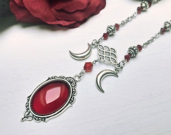 Victorian stainless steel necklace with silver moons and red glass cabochon pendant, gothic jewelry, romantic gothic necklace