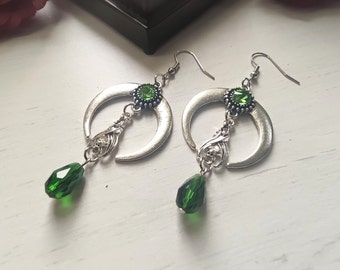 Gothic moon earrings with bat and green crystal, gothic jewelry