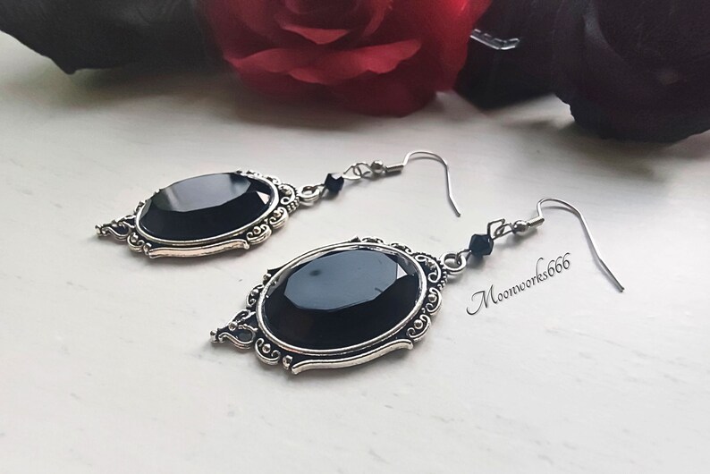 Black gothic crystal cabochon earrings, gothic jewelry, Victorian earrings image 10