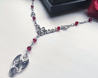 Bat stainless steel necklace with red glass beads, gothic jewellery, vampire necklace, Victorian necklace, bat pendant