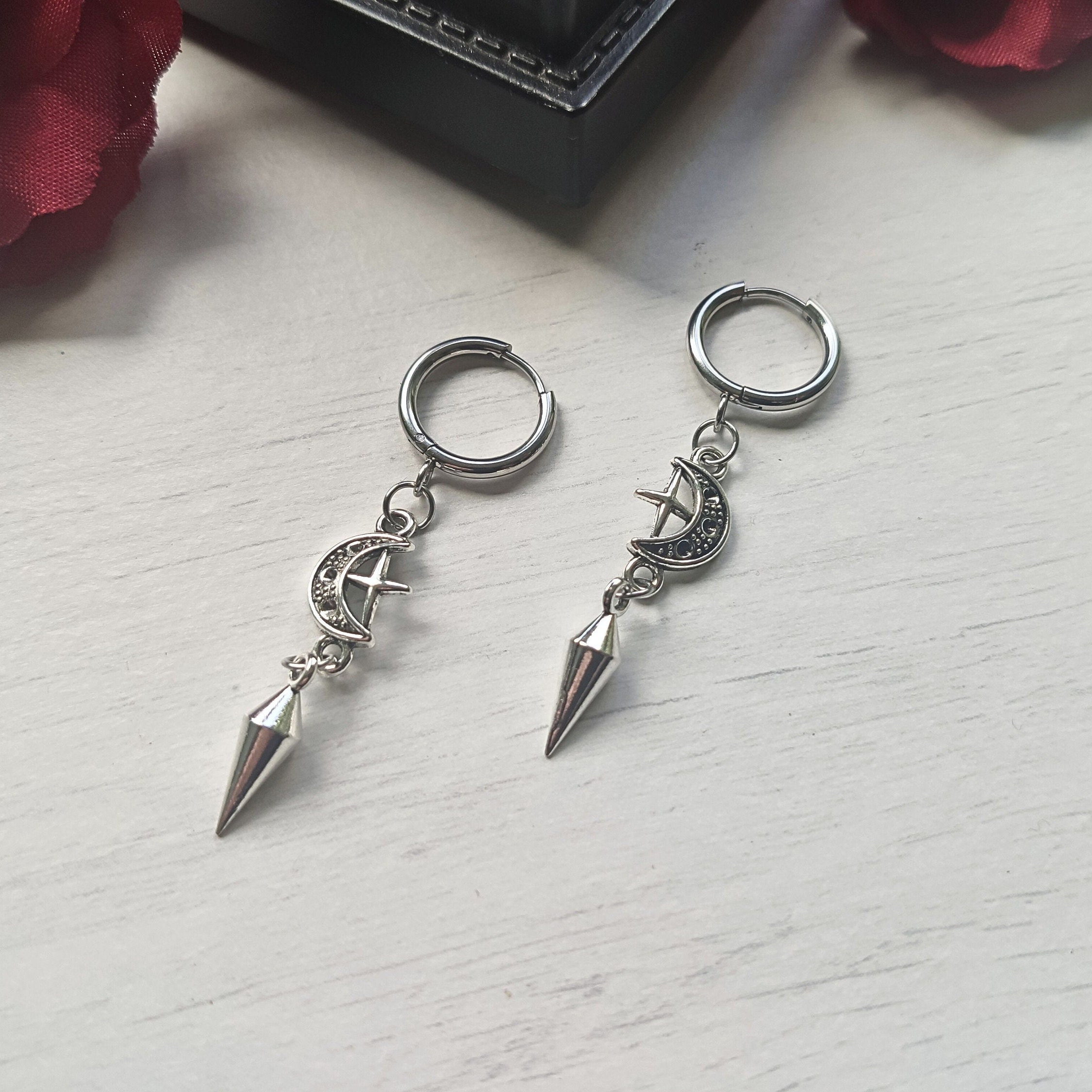 Spike earrings, moon/star hoops, punk earrings, goth earrings, gothic jewelry, huggie earrings, emo, alternative, celestial earrings