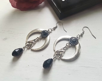 Gothic moon earrings with bat and black crystal, gothic jewelry
