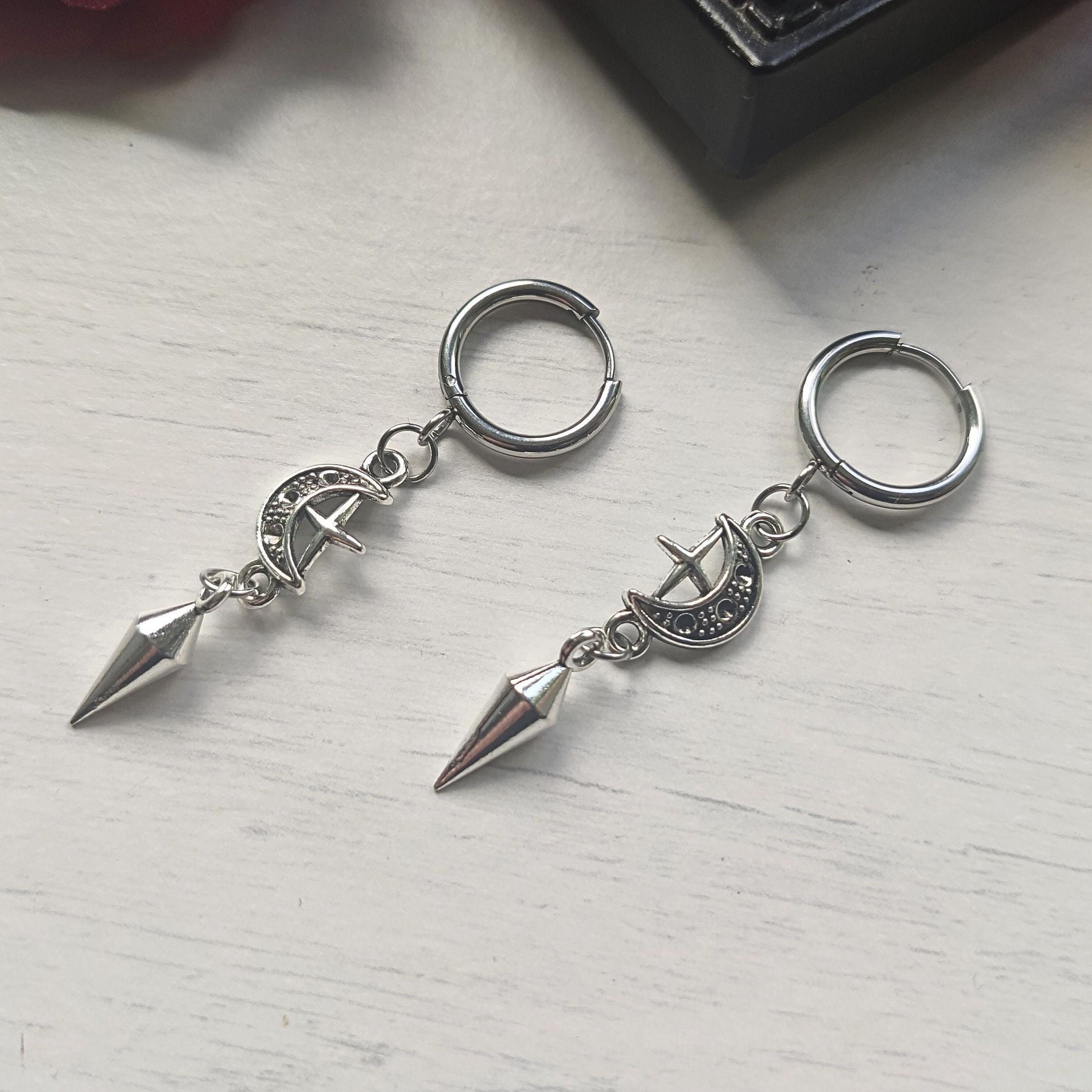Spike earrings, moon/star hoops, punk earrings, goth earrings, gothic jewelry, huggie earrings, emo, alternative, celestial earrings
