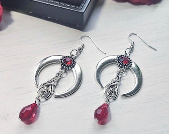 Gothic moon earrings with bat and red crystal, gothic jewelry