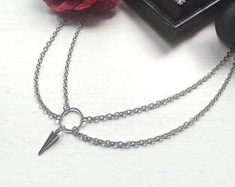 Stainless Steel Choker with a spike Pendant, Double Layer Necklace, Gothic spike Jewelry, Goth Choker, O-Ring Choker, Grunge Punk Jewelry