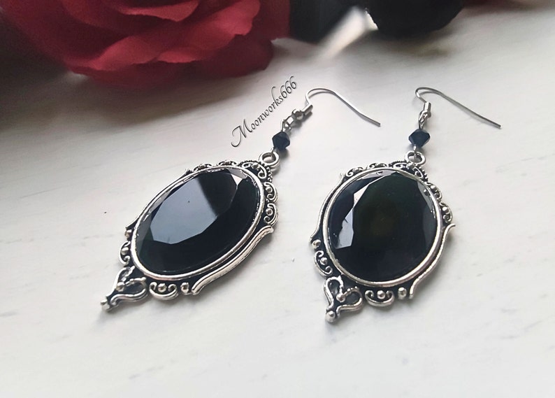 Black gothic crystal cabochon earrings, gothic jewelry, Victorian earrings image 9