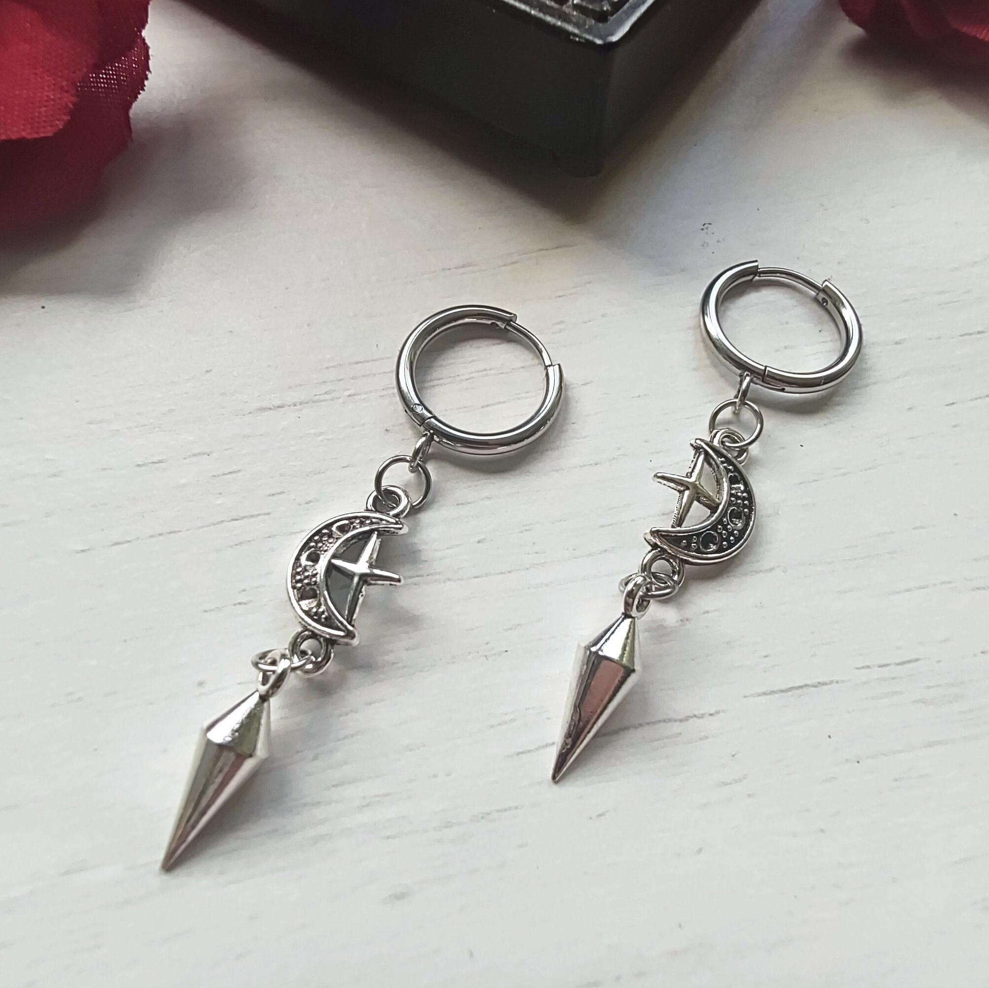 Spike earrings, moon/star hoops, punk earrings, goth earrings, gothic jewelry, huggie earrings, emo, alternative, celestial earrings