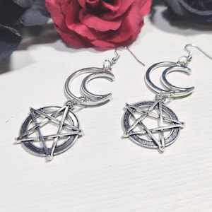 Gotische halve maan oorbellen met pentagram, Gotische sieraden