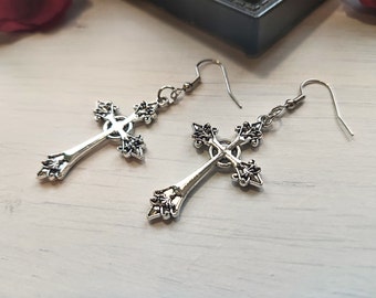 Silver Gothic Cross Earrings, Gothic Jewelry