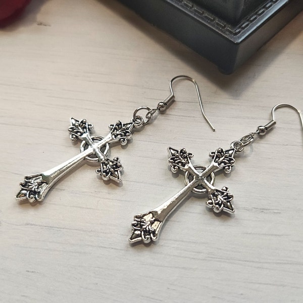 Silver Gothic Cross Earrings, Gothic Jewelry