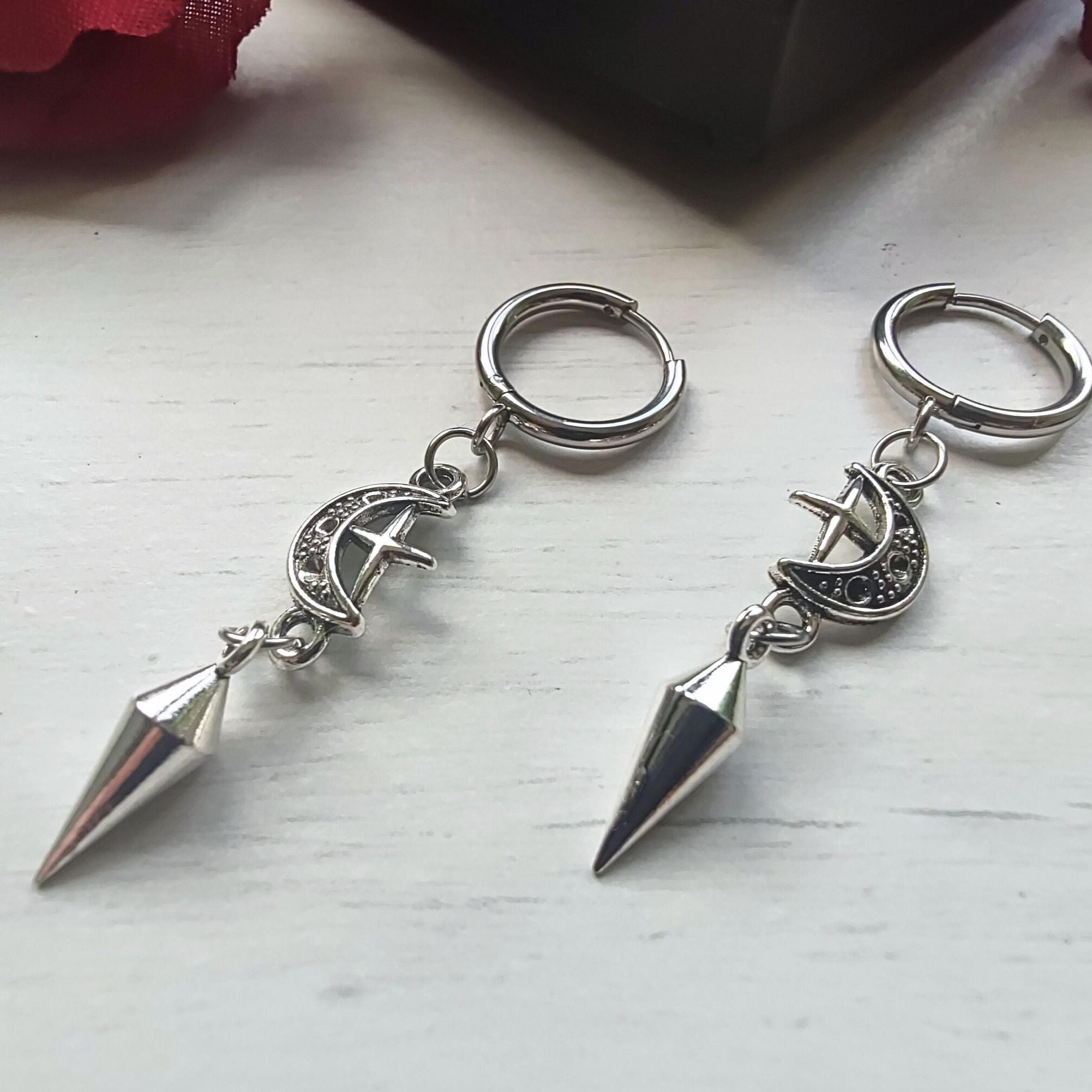 Spike earrings, moon/star hoops, punk earrings, goth earrings, gothic jewelry, huggie earrings, emo, alternative, celestial earrings