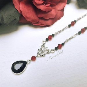Victorian stainless steel necklace with red and black beads and black glass cabochon pendant, gothic jewelry, gothic necklace
