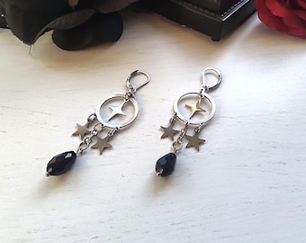 Celestial dangle earrings with black crystal, gothic jewelry, goth earrings, star earrings, grunge jewelry, witchy crystal earrings