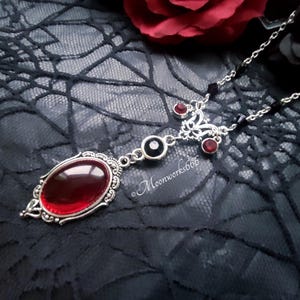 Victorian stainless steel necklace with black beads and red glass cabochon pendant, gothic jewelry, romantic gothic necklace 画像 6