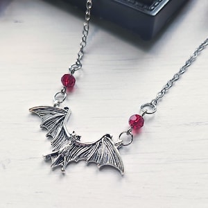 Gothic bat necklace with red beads, gothic jewelry