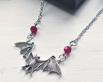 Gothic bat necklace with red beads, gothic jewelry